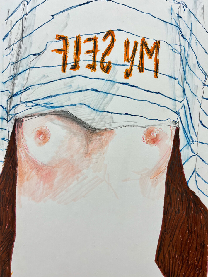 Myself _ Tribute to Artemisia Gentileschi / Pastels, graphite and markers on paper - 42 x 29,7 cm (A3)