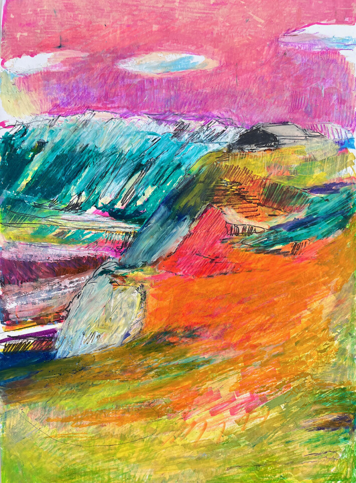 Landscape #1 _  Tribute to Gabriele Münter / Pastels, graphite and markers on paper - 42 x 29,7 cm (A3)